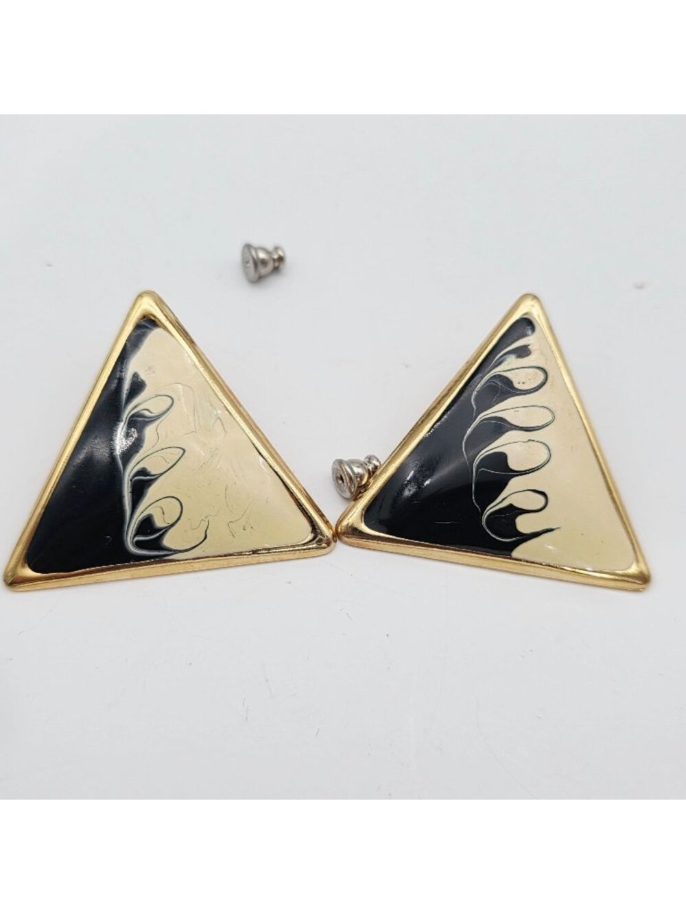 Triangle Gold-Tone Black & Cream Enamel Abstract Post Earrings 1.5"
